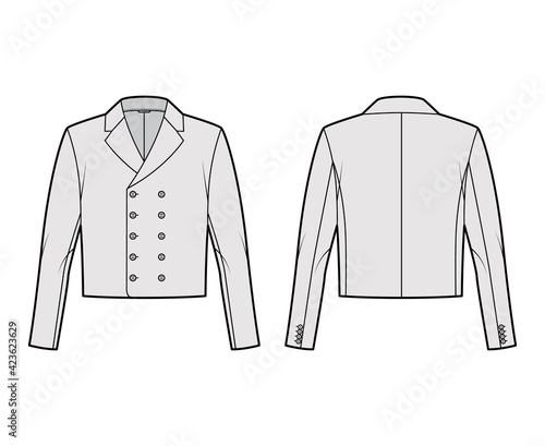 Monkey jacket technical fashion illustration with double breasted, long sleeves, notched collar, waist length. Flat coat template front, back, grey color style. Women, men, unisex top CAD mockup
