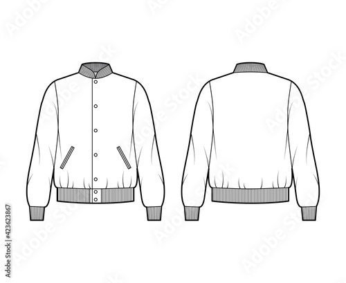 Varsity Bomber jacket technical fashion illustration with Rib baseball collar, cuffs, waistband, buttons fastening, oversized, long sleeves. Flat coat template front, back white color. Women men CAD