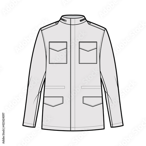 M-65 field jacket technical fashion illustration with oversized, stand collar, hide hood, long sleeves, flap pockets, epaulettes. Flat coat template front, grey color style. Women men top CAD mockup