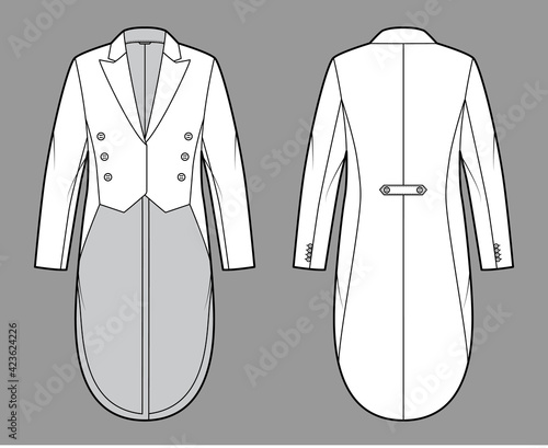 Dinner jacket tuxedo technical fashion illustration with double breasted, long sleeves, peaked collar, low high hem. Flat coat template front, back, white color style. Women, men unisex top CAD mockup