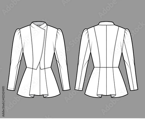 Peplum hem jacket technical fashion illustration with fitted body, long gigot sleeves, wrap collar opening. Flat coat template front, back, white color style. Women, men, unisex top CAD mockup