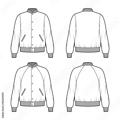 Fototapeta Set of Bomber jackets technical fashion illustration with Rib baseball collar, cuffs, oversized, long raglan sleeves, flap pockets