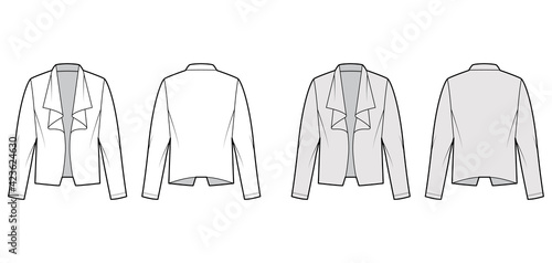 Roomy jacket technical fashion illustration with oversized, long sleeves, wrap collar opening. Flat coat template front, back, white, grey color style. Women, men, unisex top CAD mockup