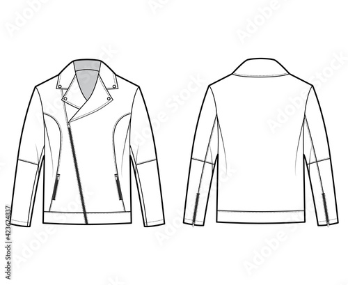 Zip-up biker jacket technical fashion illustration with oversized, zip front fold-over lapels collar, long sleeves, moto details. Flat coat template back white color style. Women unisex top CAD mockup