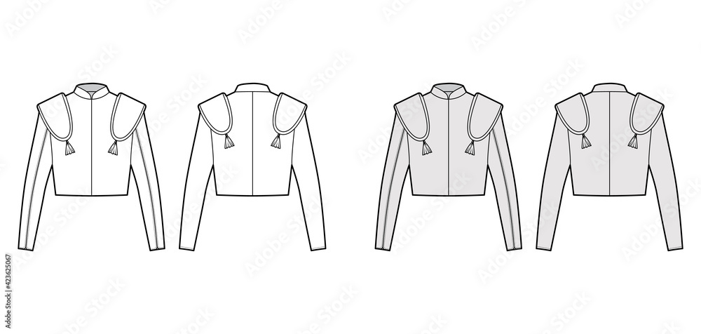 Torero jacket matador technical fashion illustration with long sleeves, stand collar, waist length, embellish. Flat chaqueta template front, back, white, grey color style. Women, men top CAD mockup Torero jacket matador technical fashion illustration with long sleeves, stand collar, waist length, embellish. Flat chaqueta template front, back, white, grey color style. Women, men top CAD mockup