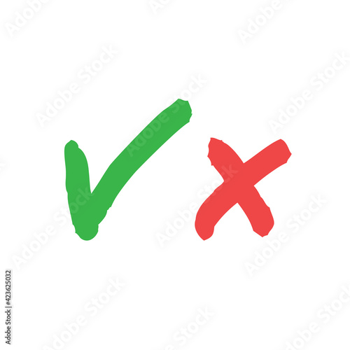 Check marks hand drawn style. Green Tick and red x. Approval vote symbols.