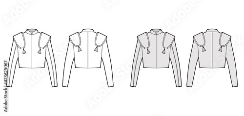 Torero jacket matador technical fashion illustration with long sleeves, stand collar, waist length, embellish. Flat chaqueta template front, back, white, grey color style. Women, men top CAD mockup