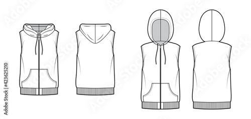 Set of Hooded vests waistcoat technical fashion illustration with sleeveless, kangaroo pouch, zip-up closure, oversized body. Flat template front, back, white color. Women, men, unisex top CAD mockup