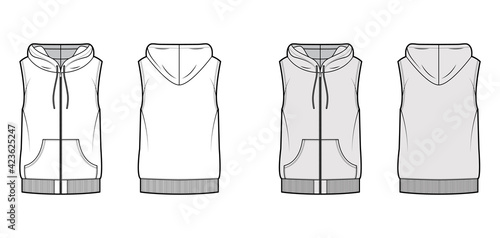 Hooded vest waistcoat technical fashion illustration with sleeveless  kangaroo pouch  zip-up closure  oversized body. Flat template front  back  white  grey color style. Women  men  unisex CAD mockup