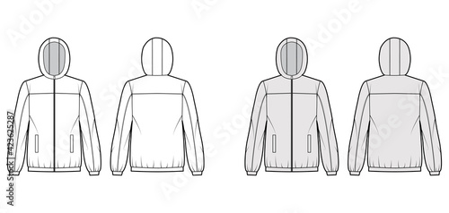 Windbreaker jacket technical fashion illustration with hood, oversized, long sleeves, welt pockets, zip-up opening. Flat coat template front, back white, grey color style. Women, men top CAD mockup photo
