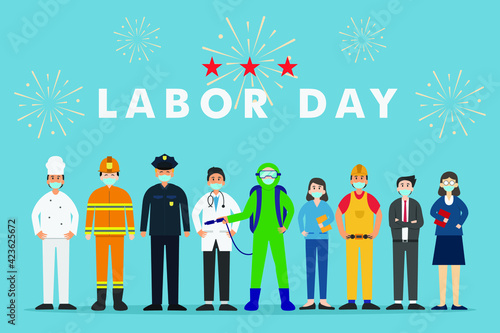 Labor day vector concept: Labor day text with people of different occupations while wearing face mask in new normal 