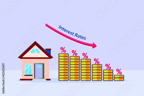 Low rates vector concept: Stck of coins with falling down arrow of interest rates 