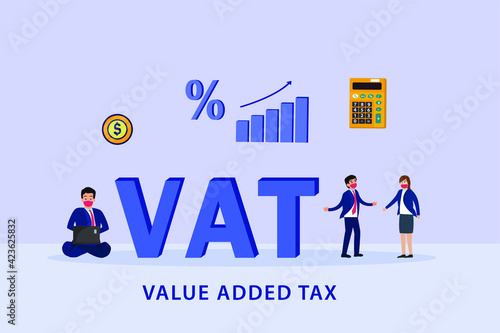 VAT vector concept: Businesspeople with  value added tax text while wearing face mask in new normal