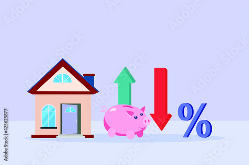 Changing rates vector concept: House and piggy bank with up and down arrow 