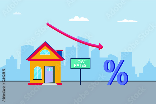 Low rates vector concept: House with falling down arrow concept of low rates 