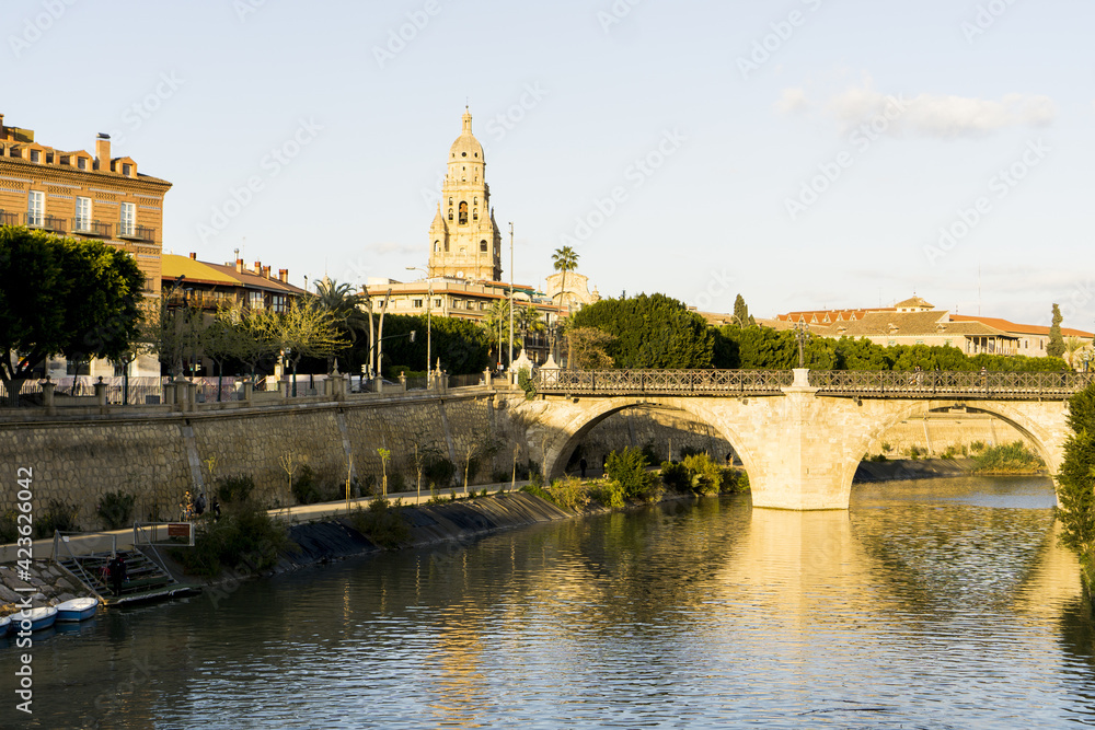 beautiful views of the river segura, with the cathedral of murcia in the background.