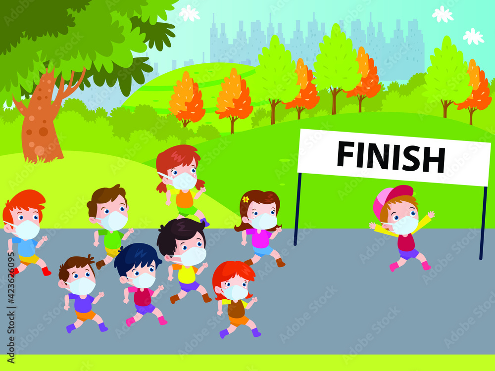 Obraz premium Group of children in marathon running competition while wearing face mask