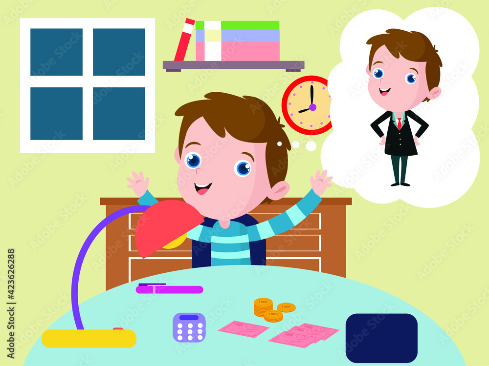 Dream job vector concepts: Happy little boy studying at home with calculator and money while imagine as a success businessman Dream job vector concepts: Happy little boy studying at home with calculator and money while imagine as a success businessman