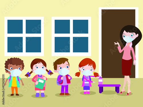 Back to school vector concept: Group of elementary school students wearing face mask and queuing to use hand sanitizer at school