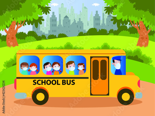 Back to school vector concept: Group of elementary school students queuing to enter the school bus while wearing face mask