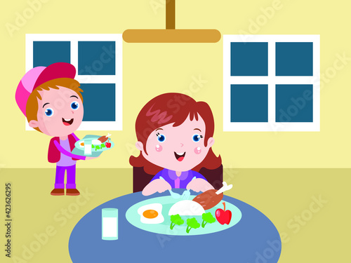 Children having lunch and eating healthy food in the school canteen
