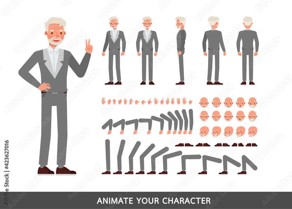 Old businessman wear grey suit character vector design. Create your own pose.