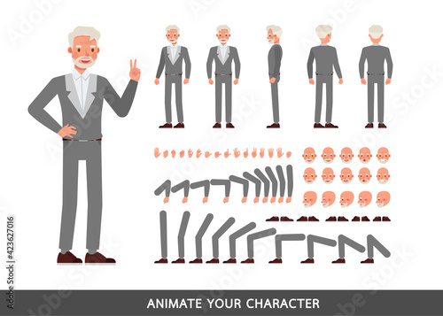 Old businessman wear grey suit character vector design. Create your own pose.