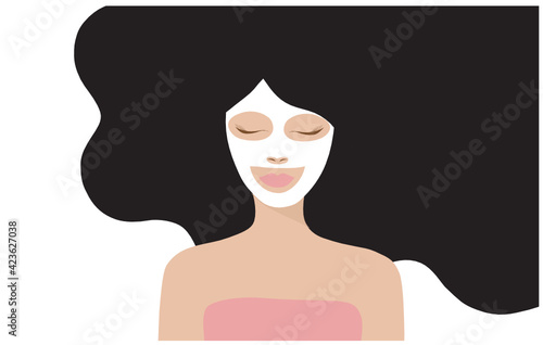 Woman applying a facial sheet mask for moisturizing treatment vector illustration. Skin beauty treatment concept