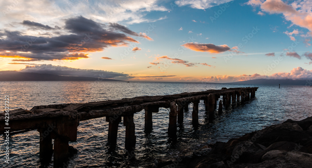 Sunset Over Lanai and  The Historic Mala Wharf, Lahaina, Maui, Hawaii, USA