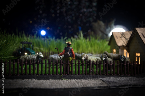 Sheep in the farm. Farm (village) life concept. Decorative toy figures at night. Selective focus