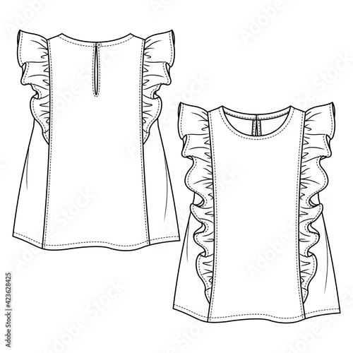 Baby Girls Sleeveless Top fashion flat sketch template. Girls Kids Technical Fashion Illustration. Front and back cut and sew with frill detail. Back Keyhole opening. 