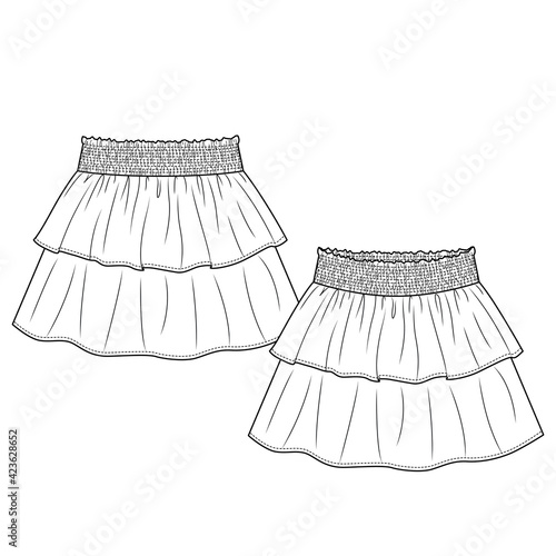 Baby Girls Short Skirt fashion flat sketch template. Technical Fashion Illustration. Smocking elastic waist effect. Layered Frills