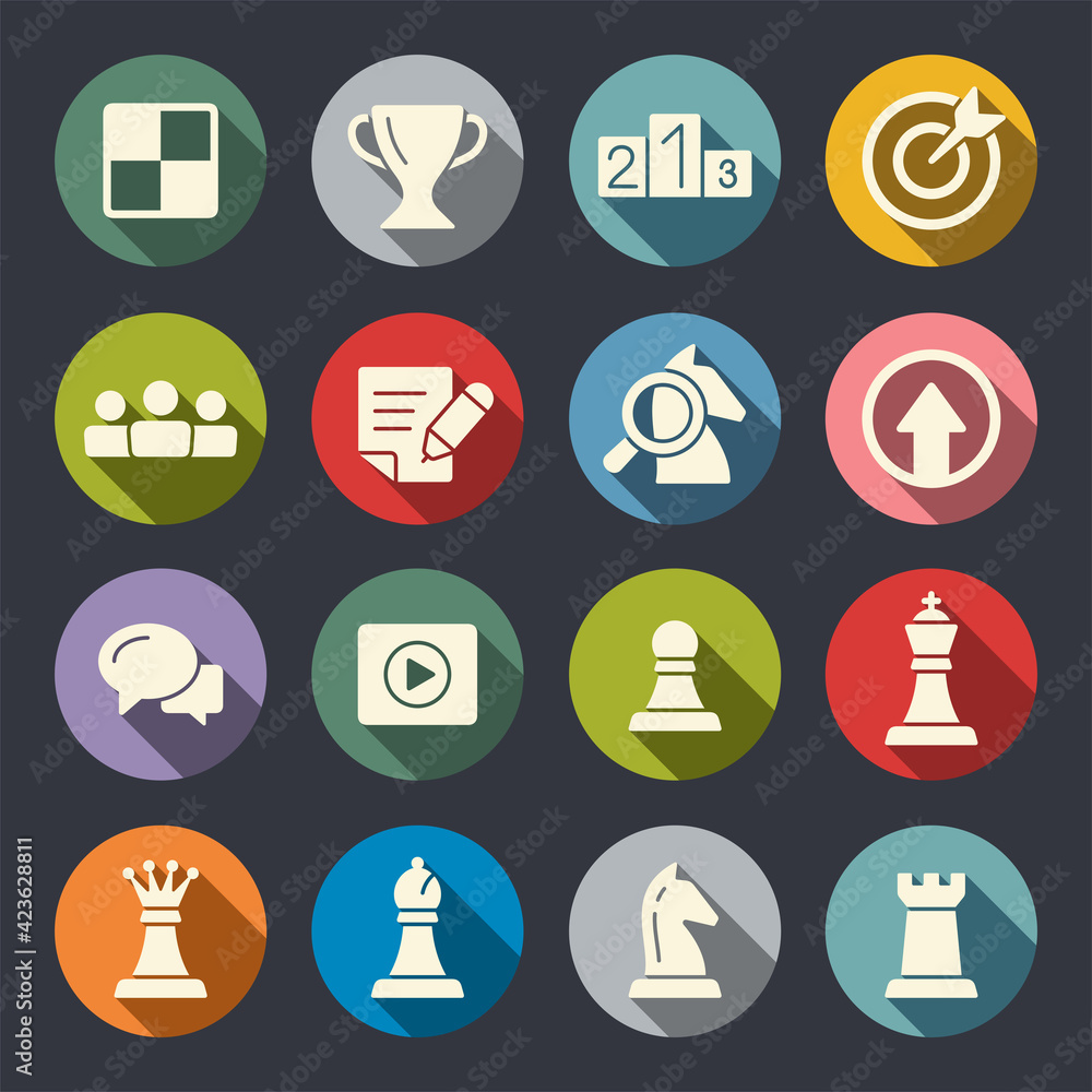 Chess flat vector icons. Chess pieces, game, tournament cup, learning, chat and other symbols.