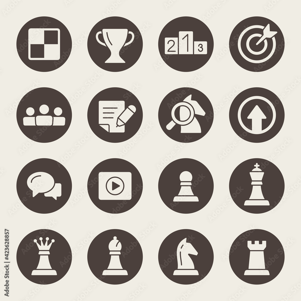 Chess vector icons. Chess pieces, game, tournament cup, learning, chat and other symbols.