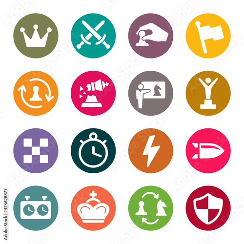 Chess colourful vector icon set. Game, tournament, checkmate, learning, game clock, move, bullet, rapid, blitz and other chess symbols.