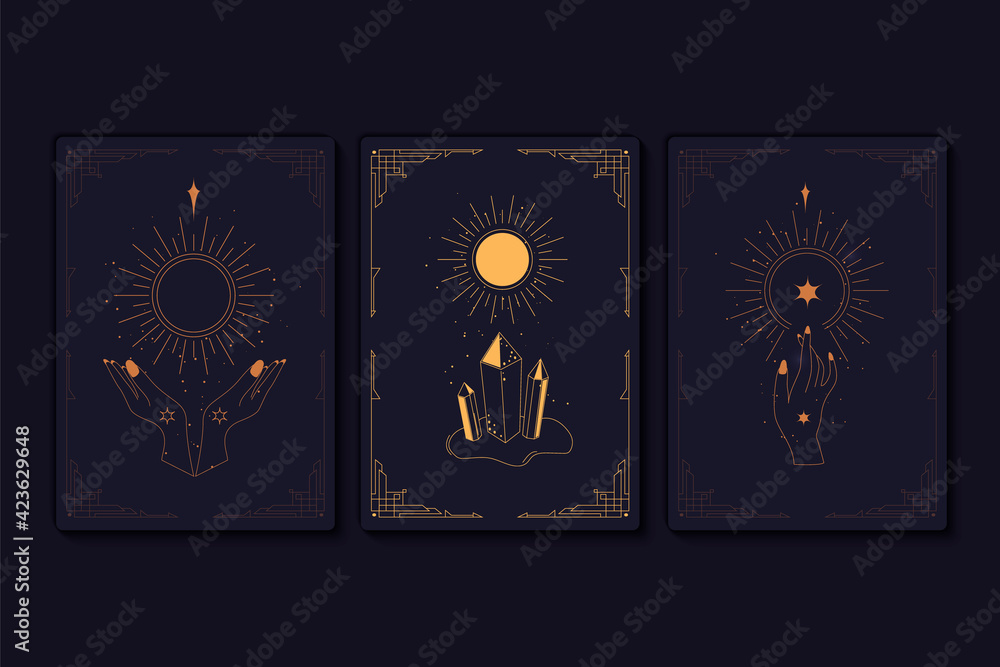 Set of mystical tarot cards. Elements of esoteric, occult, alchemical and  witch symbols. Zodiac signs. Cards with esoteric symbols. Silhouette of  hands, stars, moon and crystals. Vector illustration Stock Vector | Adobe