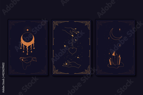 Set of mystical tarot cards. Elements of esoteric, occult, alchemical and witch symbols. Zodiac signs. Cards with esoteric symbols. Silhouette of hands, stars, moon and crystals. Vector illustration