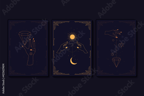 Set of mystical tarot cards. Elements of esoteric, occult, alchemical and witch symbols. Zodiac signs. Cards with esoteric symbols. Silhouette of hands, stars, moon and crystals. Vector illustration