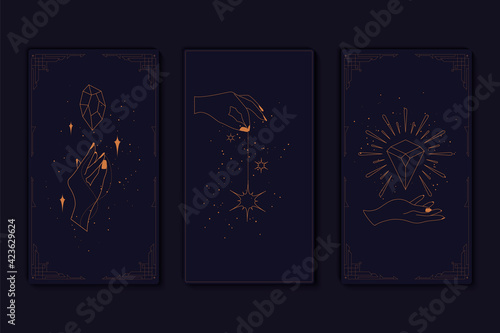 Set of mystical tarot cards. Elements of esoteric, occult, alchemical and witch symbols. Zodiac signs. Cards with esoteric symbols. Silhouette of hands, stars, moon and crystals. Vector illustration
