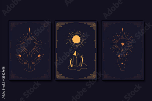 Set of mystical tarot cards. Elements of esoteric, occult, alchemical and witch symbols. Zodiac signs. Cards with esoteric symbols. Silhouette of hands, stars, moon and crystals. Vector illustration