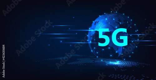 Concept of technology 5G network.5G symbol on world 3D wireless Internet network connection Information technology Illustration.Concept of future technology network.