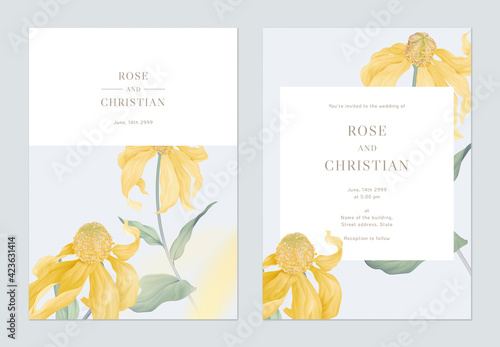 Floral wedding invitation card template design, Cutleaf coneflower with leaves on bright blue