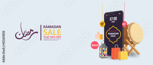Ramadan sale, web header design with Islamic festival for banner, poster, background, flyer,illustration, brochure and sale background
