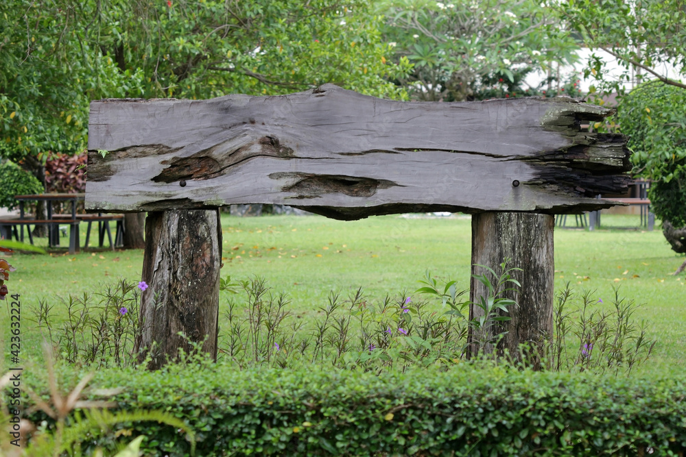 Weathered old blank wooden sign in a garden