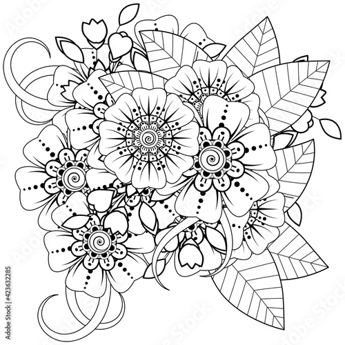 Mehndi flower for henna  mehndi  tattoo  decoration. decorative ornament in ethnic oriental style. coloring book page.