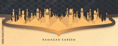 Ramadan Kareem Banner. Golden Mosques and Towers on Black Background Vector Illustration for greeting card, poster and voucher.