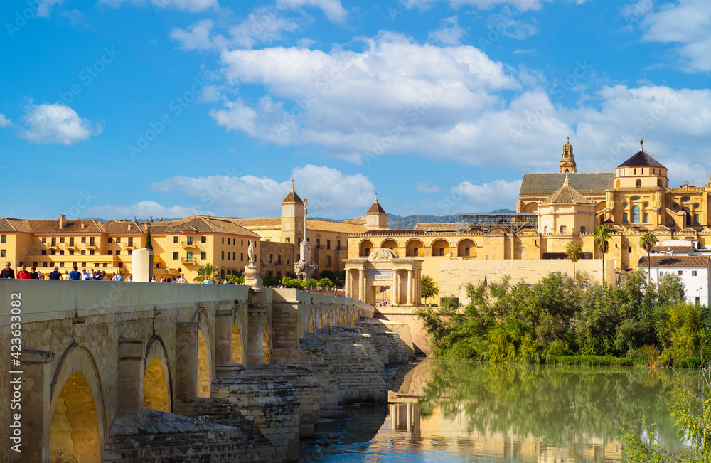 Roman Bridge in the heart of historic part of Cordoba with Mezquita Cathedral nearby