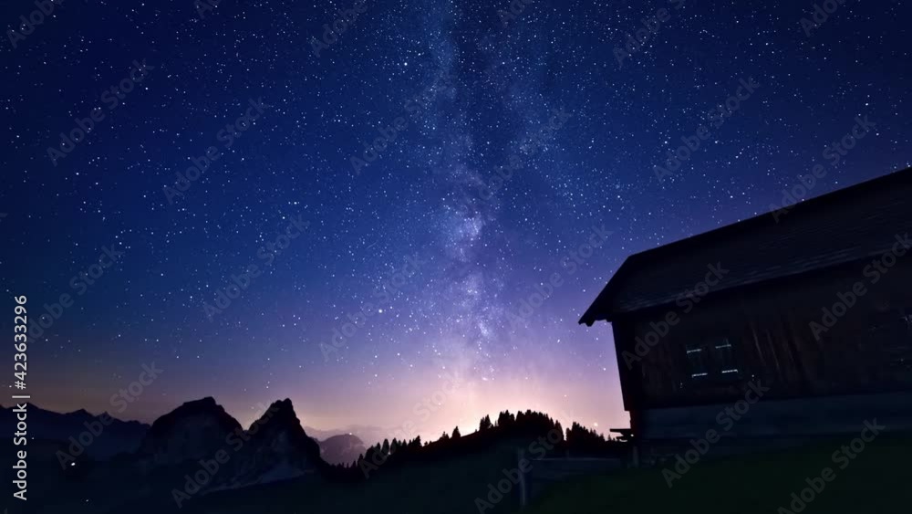 Time-lapse shot of blue starry sky with Alpthal in Switzerland as foreground Time-lapse shot of blue starry sky with Alpthal in Switzerland as foreground