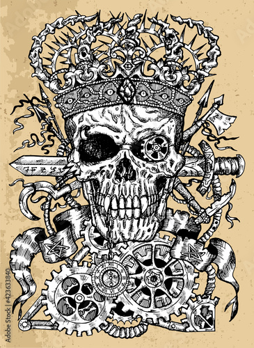 Grunge illustration of scary skull wearing crown, with sword, banner and steampunk wheel and cogs.