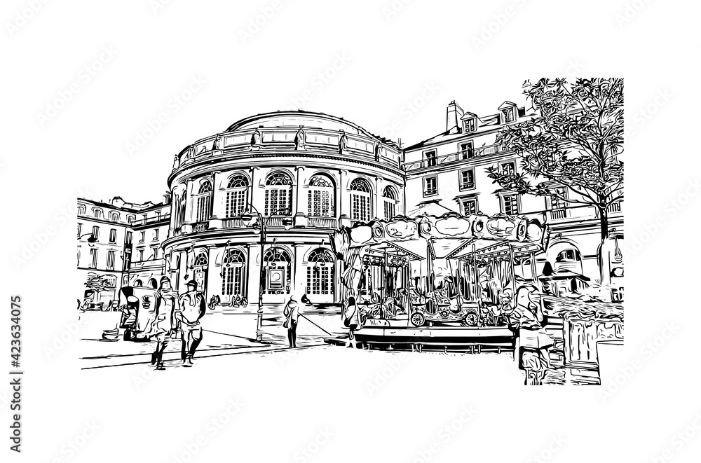 Building view with landmark of Rennes is the
city in France. Hand drawn sketch illustration in vector.